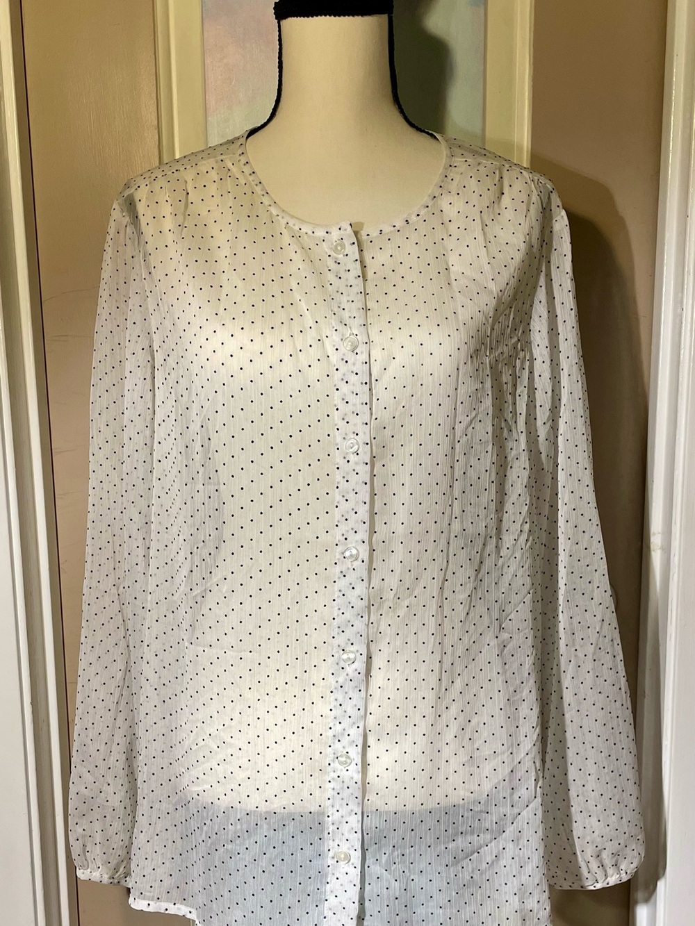 Coldwater Creek White Sheer Top with Black Polka Dots